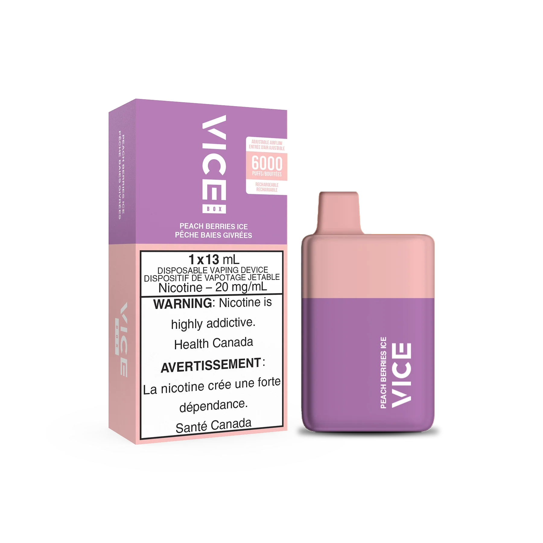 Vice Box Rechargeable Disposable Vape - 6000 Puffs - Peach Berries Ice